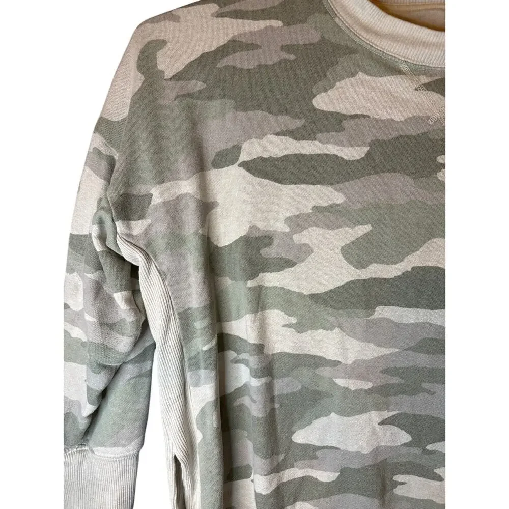 Aerie Womens XL Camo Crewneck Sweatshirt Green Grey Oversized Ribbed Side Slits